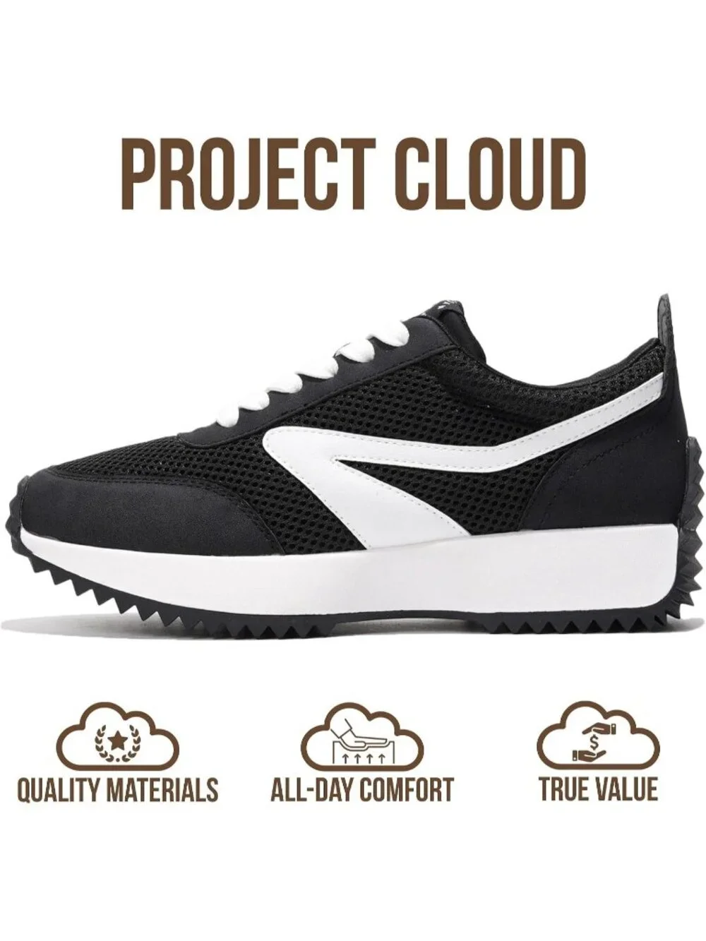 🆕Project Cloud Women's Black White Sneakers Memory Foam Lightweight Lace Up